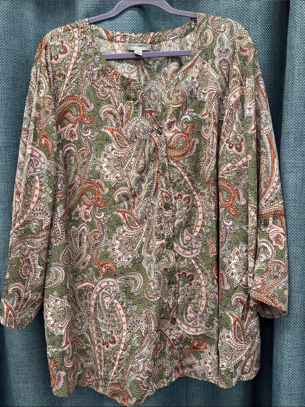 Catherines Olive, Pink & Rust Paisley Button-Neck Blouse